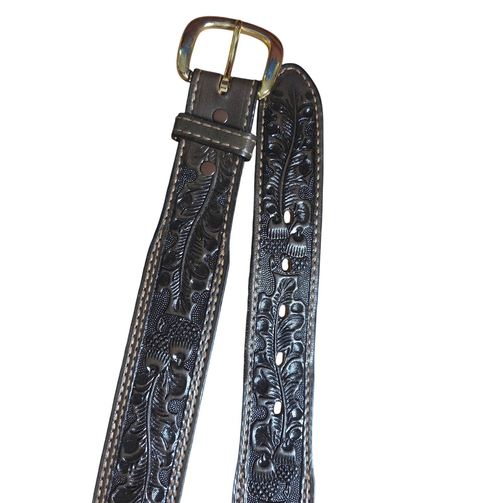 TexTan Mens 38 Floral Tooled Leather Western Belt Made in USA 021026 Cowboy